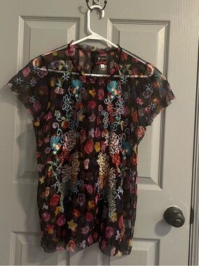 Johnny Was Biya Black Sheer Floral Embroidered Blouse Colorful Whimsy Garden